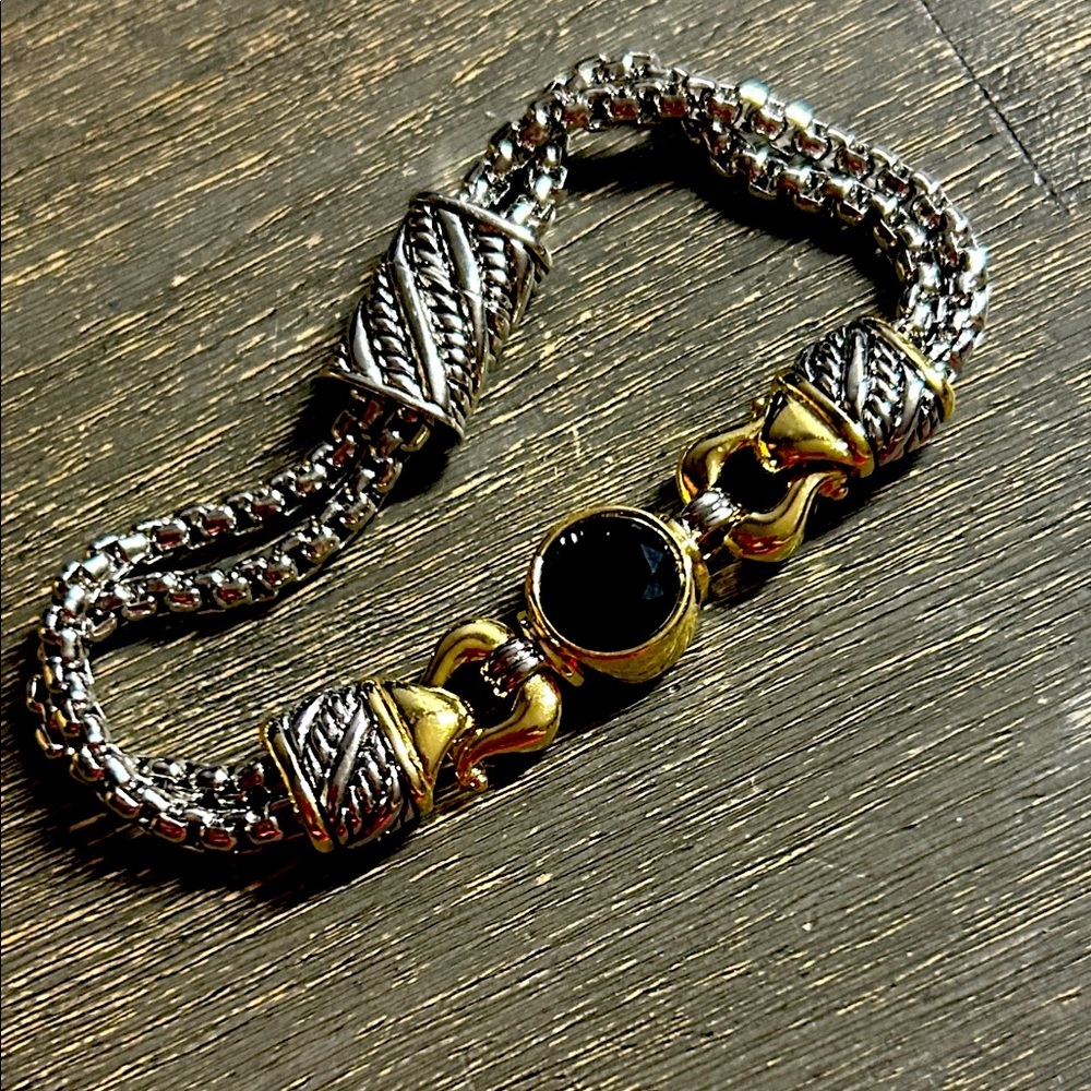 Silver and Gold Women’s Bracelet Two Toned‎ Black Center Stone - Magnetic Clasp